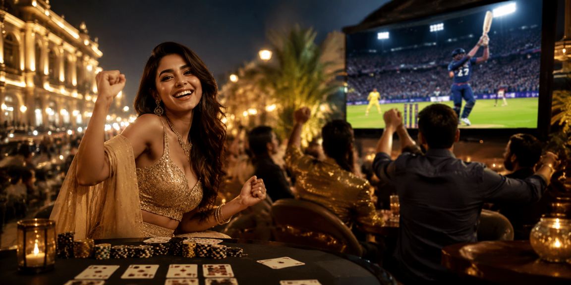 Night view of crowded Indian cricket stadium with fans